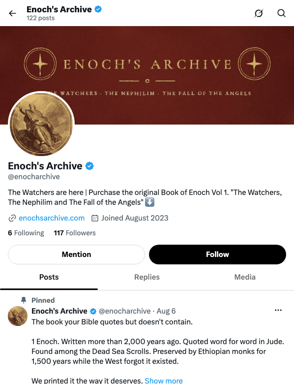 Screenshot of the Enoch's Archive X account profile